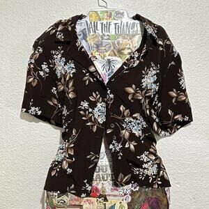 Kasper & Co Vtg Boho Brown Floral 100% Rayon Button Up Blouse w Shoulderpads